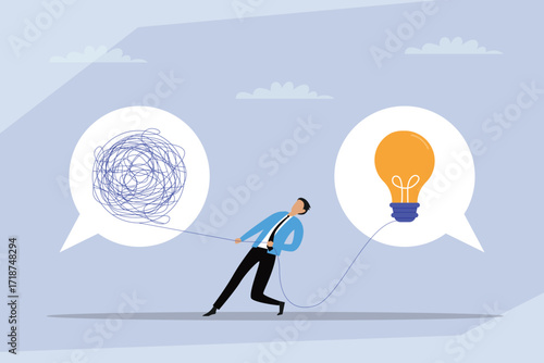 Problem-Solving and Finding an Idea, A Man Pulling a Lightbulb out of a Tangle of Messy Wires. 2d flat vector illustration