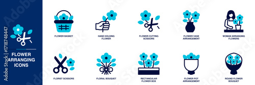 Flower Arranging Blue Colored Outline Icon Set