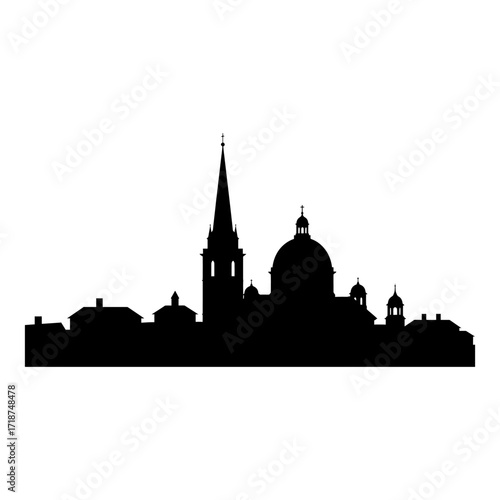 City skyline silhouette featuring church and dome architecture against a white sky creates a minimalist and urban cityscape, evoking a sense of history and grandeur.