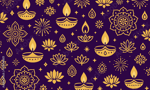 Vector background for Diwali festival featuring glowing diyas, fireworks, and decorative rangoli designs in vibrant colors, ideal for greeting cards, posters, banners, and festive promotions.