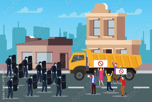 Social Justice Protest and Political Demonstration, People Protesting in Front of a Police Line and a Truck. 2d flat vector illustration