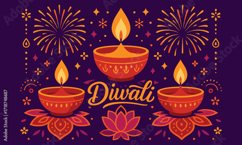Vector background for Diwali festival featuring glowing diyas, fireworks, and decorative rangoli designs in vibrant colors, ideal for greeting cards, posters, banners, and festive promotions.