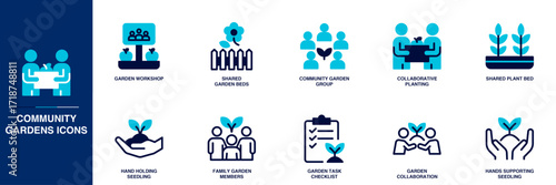 Community Gardens Blue Colored Outline Icon Set