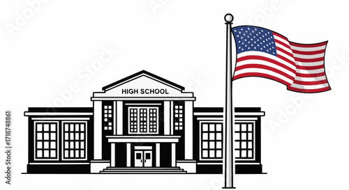 Classic American high school building with waving United States flag, a symbol of education, community, and national pride for school projects and patriotic events