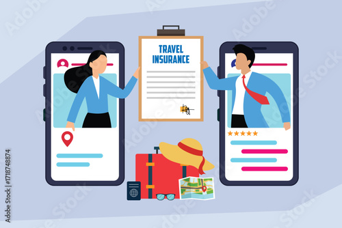 Online Travel Insurance and Booking, People Getting an Insurance Plan for a Trip. 2d flat vector illustration