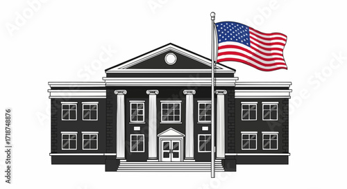Classic American schoolhouse with waving USA flag, a symbol of education, patriotism, and civic duty, perfect for educational or governmental themes