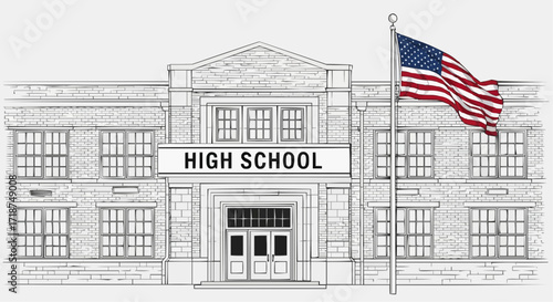Classic American High School Building with US Flag Waving, Celebrating Education, Patriotism, and Community Pride, Perfect for Educational and Patriotic Projects
