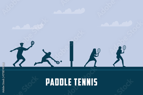 Paddle Tennis or Padel Tennis, The Silhouettes of Two People Playing on a Court. 2d flat vector illustration
