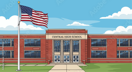 American high school building with flag waving proudly near entrance, perfect for back to school campaigns or educational materials, vector illustration