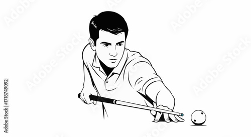 Focused young man skillfully playing billiards, aiming the cue stick with precision and intensity for a challenging game of skill and strategy