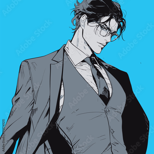 A fashionable man in a gray suit and glasses stands confidently against a vibrant blue backdrop. His hairstyle and posture suggest a modern and self-assured style.