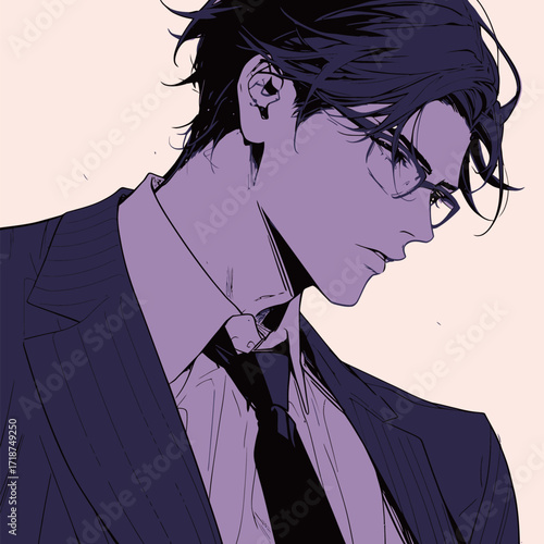 A man dressed in a sharp suit and glasses stands confidently, showcasing a chic and contemporary aesthetic. His hairstyle complements the look.