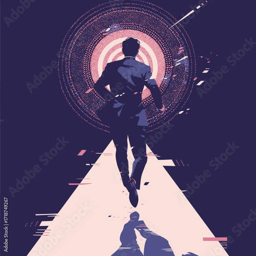 A businessman in a suit runs along a light path towards a vibrant target in a digital world. The scene is set against a deep blue background, creating an engaging visual.