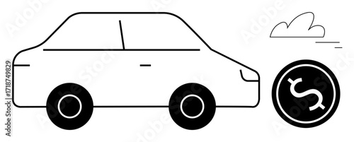 Simplistic sketch of a car, coin with dollar sign, and a drifting cloud. Ideal for themes thumbs up economy, automotive, fuel efficiency, sustainability, savings, transportation simple landing page