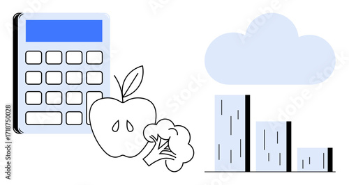 Calculator beside apple and broccoli near bar chart under a cloud. Ideal for diet planning, healthy lifestyle, food analysis, nutrition tracking, data-driven decisions, meal preparation, simple flat