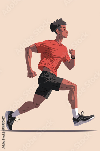 A young man is running swiftly in a red shirt and black shorts. He wears sporty shoes and shows determination while moving forward. The background is simple and light.