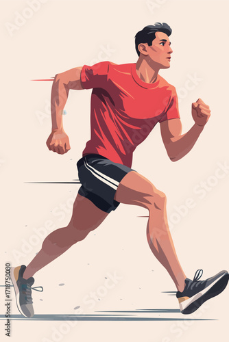 A young man in a red shirt and black shorts jogs energetically outdoors, showcasing his athletic form and determination while enjoying the fresh air and sunshine.
