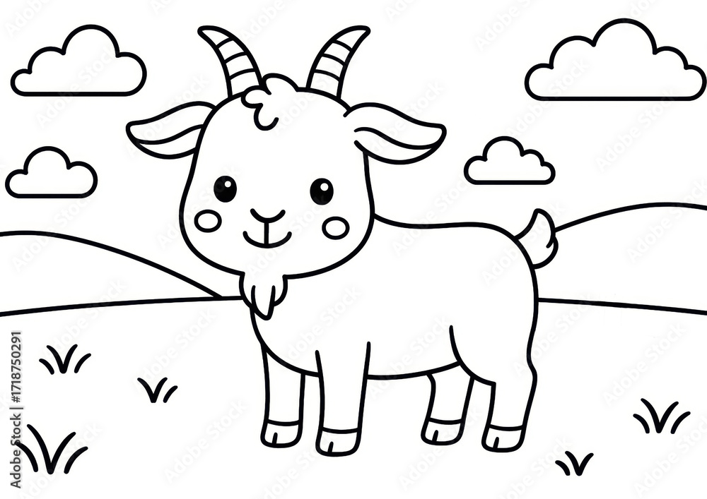 Fototapeta premium Farm Coloring Page, cute cartoon goat with curved horns standing in a grassy field with hills and clouds in the background for kids to enjoy coloring.