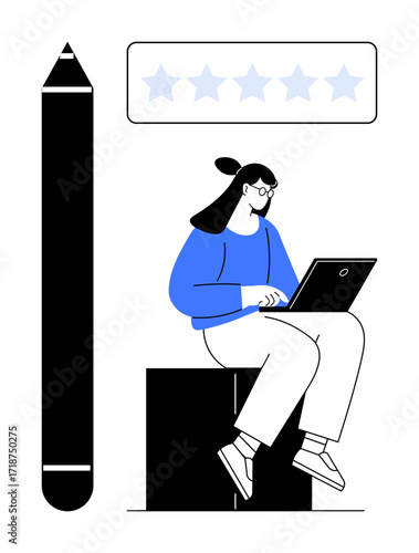 Woman typing on a laptop while seated beside a large pen and five-star rating panel. Ideal for creativity, design feedback, review systems, online learning, content creation, productivity, thoughtful
