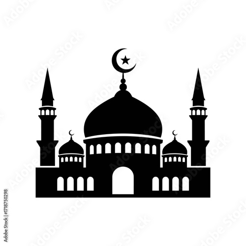 Mosque stands tall against a clear sky, showcasing Islamic architecture with its domes and minarets, evoking a sense of peace and spirituality.