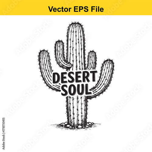 Hand drawn illustration of a saguaro cactus with the text desert soul isolated on white background