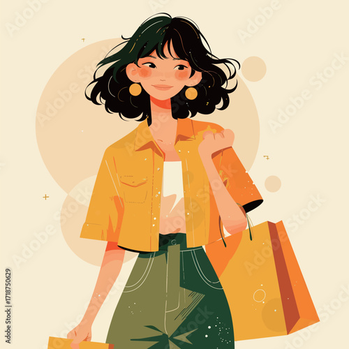 A young woman with curly hair wears a bright yellow shirt and green pants. She smiles while holding shopping bags and exudes happiness in a joyful atmosphere.