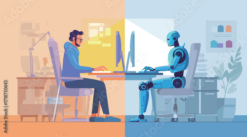 A man and a robot sit side by side in a vibrant office.