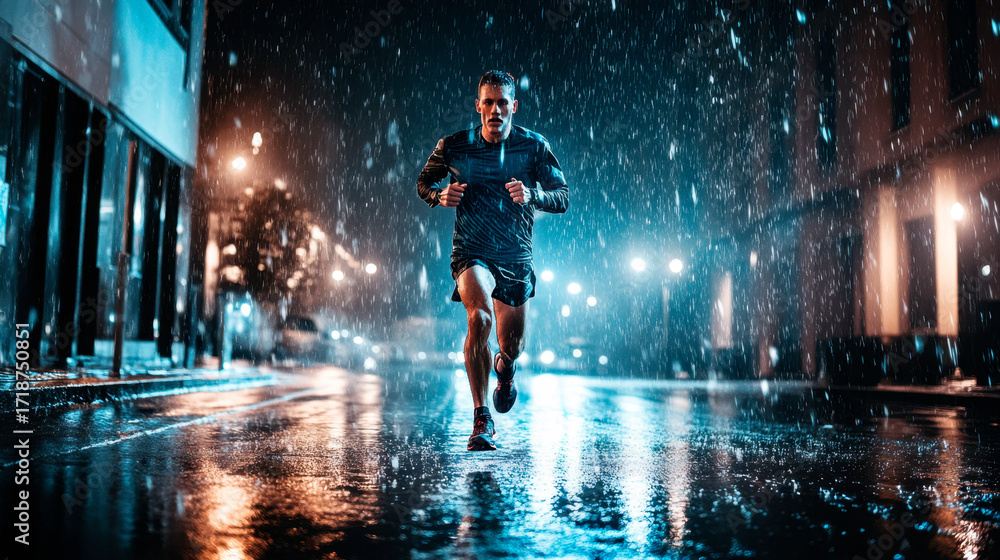 Fototapeta premium Male runner running while raining at night