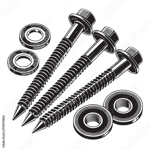 Black rivets and washers Silhouette Vector, High Quality Illustration on White Background