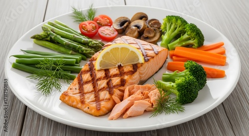 Delicious Grilled Salmon Fillet With Fresh Vegetables and Lemon Slice Meal