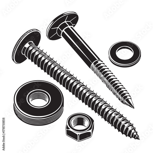 Black rivets and washers Silhouette Vector, High Quality Illustration on White Background