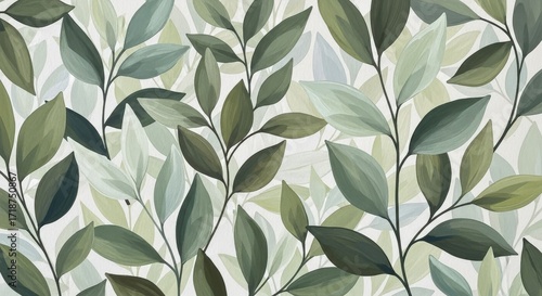 Green Leaves Pattern Botanical Illustration Nature Background.