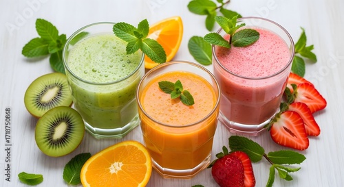 Colorful Fresh Smoothie Assortment Presentation in Glasses, Fruit Beverage