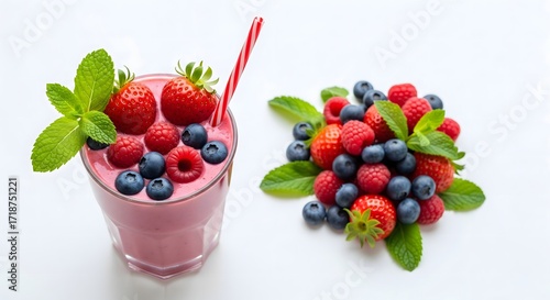 Vibrant Fresh Mixed Berry Smoothie Drink on White Surface Still Life