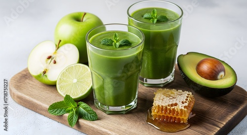 Fresh Healthy Green Smoothie with Various Fruits on Wooden Board