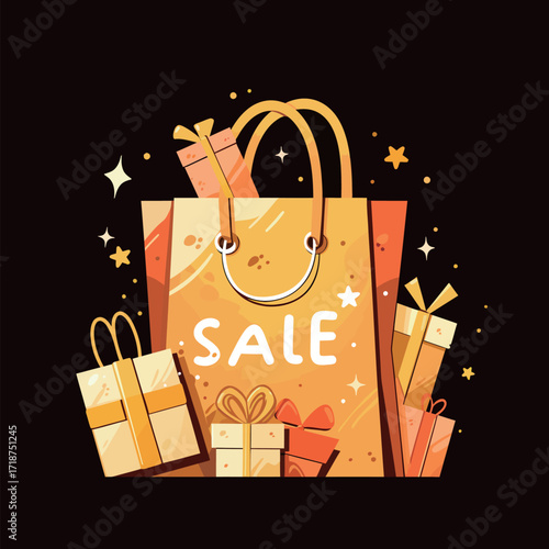 A cheerful shopping bag filled with colorful gifts highlights a sale event. The background sparkles, creating a festive atmosphere perfect for holiday shopping.