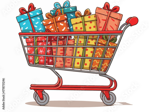A shopping cart filled with bright and colorful gift boxes is ready for celebration. The vibrant packaging adds a festive feel, perfect for holiday gifting.