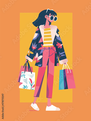 A stylish woman stands confidently in a floral jacket and sunglasses, carrying shopping bags in vibrant colors, set against a cheerful orange backdrop.