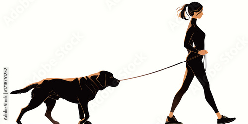 A woman dressed in activewear takes a leisurely stroll with her dog in a bright, open space, enjoying the fresh air and exercise together.
