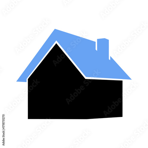 Simple house stands alone against a white backdrop, its blue roof contrasting with the black walls, creating a modern and minimalist aesthetic.