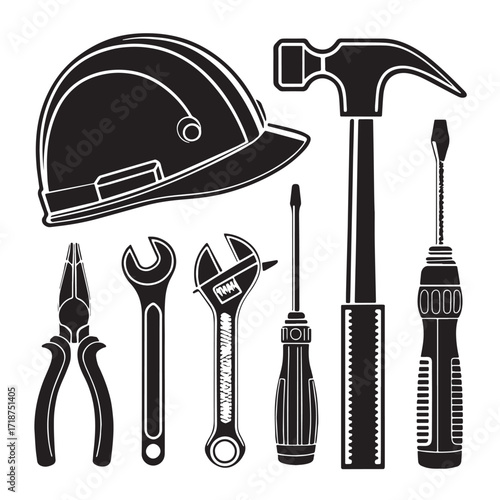 Black safety and miscellaneous tools Silhouette Vector, High Quality Illustration on White Background