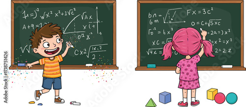Cartoon boy and girl studying math on chalkboard, children learning equations in classroom, cute kids education illustration with blackboard