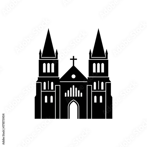 Silhouette of a church stands prominently against a white backdrop, showcasing its architectural details and religious significance, creating a solemn atmosphere.