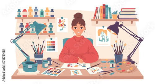 Illustration of a woman painting at a desk with art supplies and books in the background.