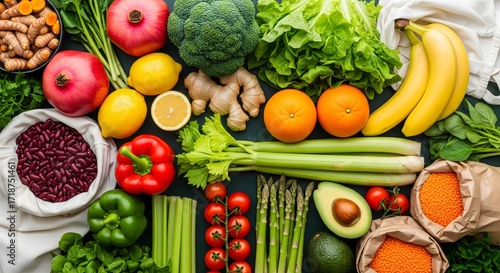 Overhead Flat Lay Fresh Assortment Various Healthy Food Ingredients Still Life