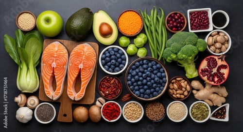 Colorful Composition of Healthy Food Variety on Dark Background Flatlay