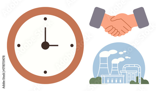 Clock, handshake, and industrial factory with smoke stack symbolize punctuality, teamwork, manufacturing growth. Ideal for business, industry, partnership, timing collaboration productivity