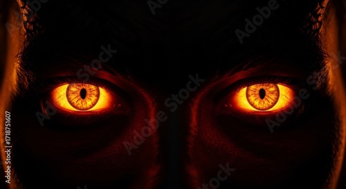 Creepy devil eyes with horns staring intensely from darkness. Perfect for Halloween themes, horror designs, dark fantasy art, and frightening digital compositions.