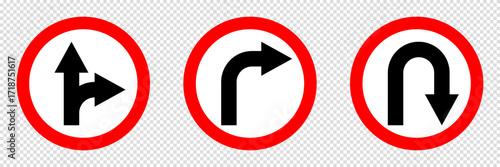 turn right warning road sign collection, move direction attention, red circle vector pictogram