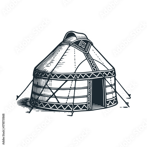 Yurt or Ger tent. A vintage Mongolian tools. Black white hand drawn vector illustration.